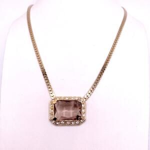 Vintage Beautiful Smoky Glass Crystal Pendant with Gold Tone Chain